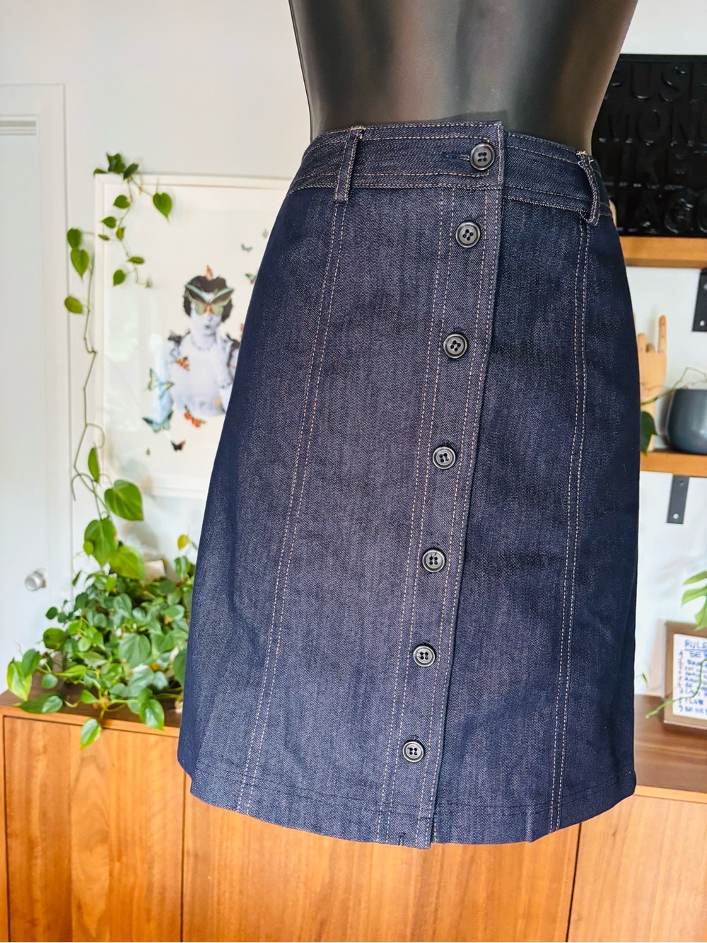 Vintage Allegra K Dark Wash Denim Button-Front A-Line Skirt - Size 8 (Hemmed)
